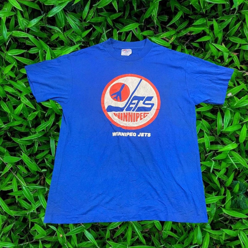 90s Winnipeg Jets Hockey NHL Tee-Jays Blue White Red 50/50 Graphic Tee Medium